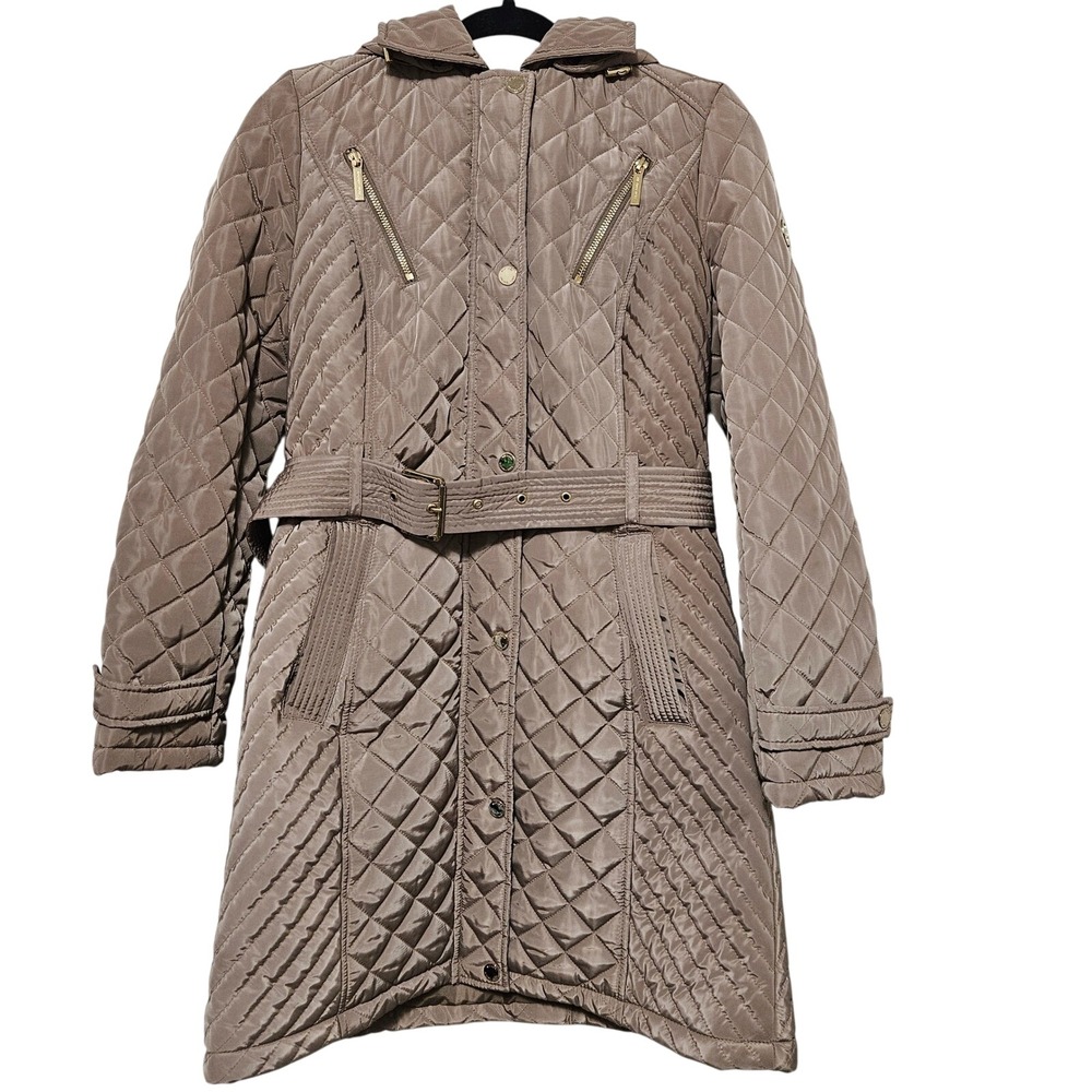 MICHAEL‎ KORS Quilted Hooded Belted Puffer Coat Tan Women SZ S Long Winter FLAW